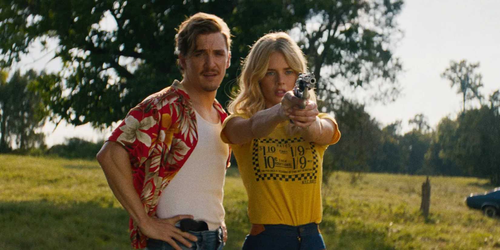 Samara Weaving points a gun while Kyle Gallner stands behind her in Carolina Caroline