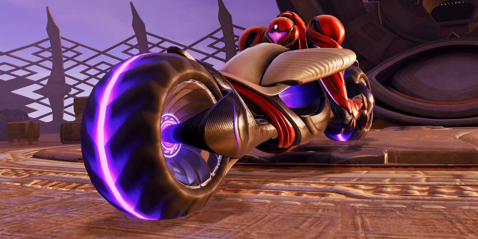 Samus driving the Vi-O-La motorcycle in Metroid Prime 4.