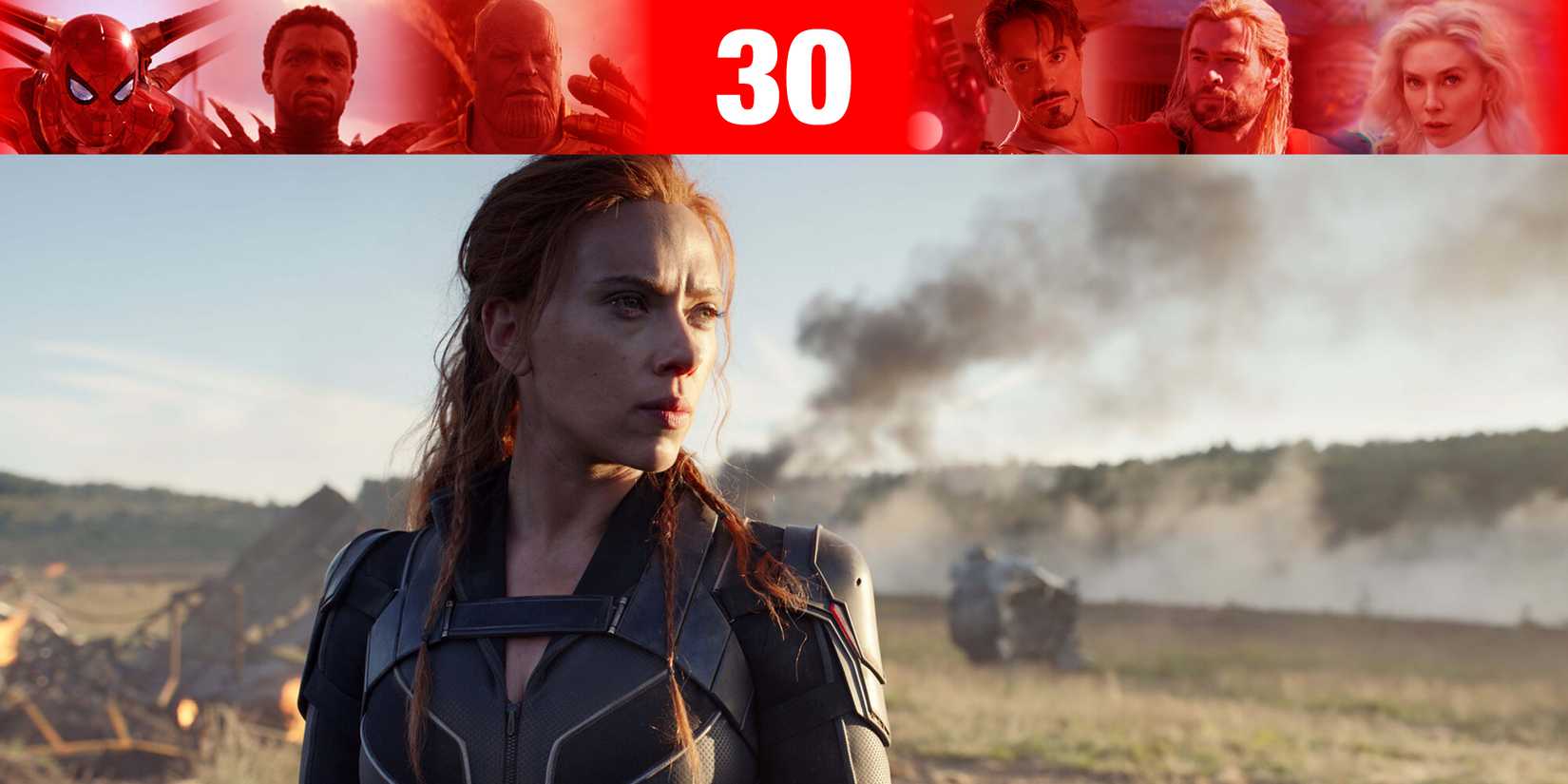 Scarlett Johansson As Black Widow Standing Amid Wreckage In Black Widow Movie With MCU Overlay