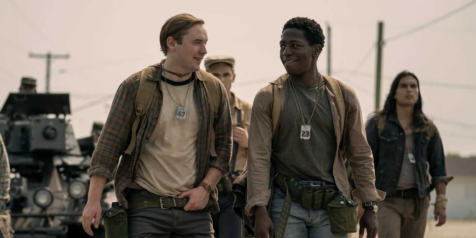 Cooper Hoffman and David Jonsson as Ray Garraty and Peter McVries in The Long Walk