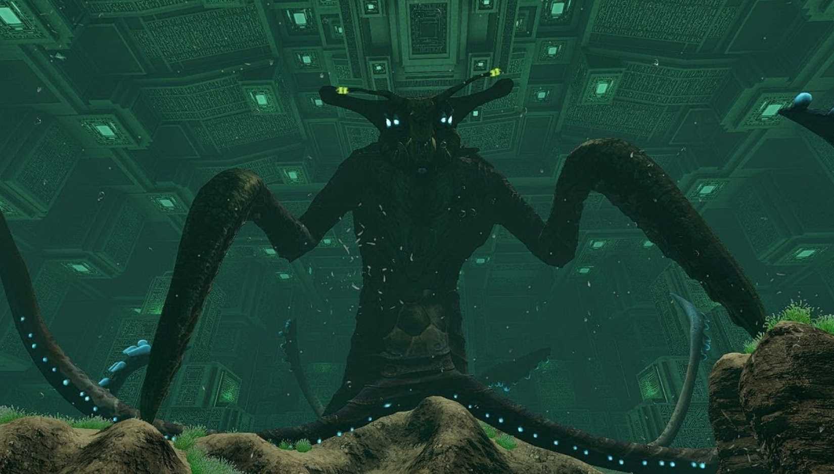 Sea Emperor Leviathan in Subnautica looking down at you inside a large underwater structure