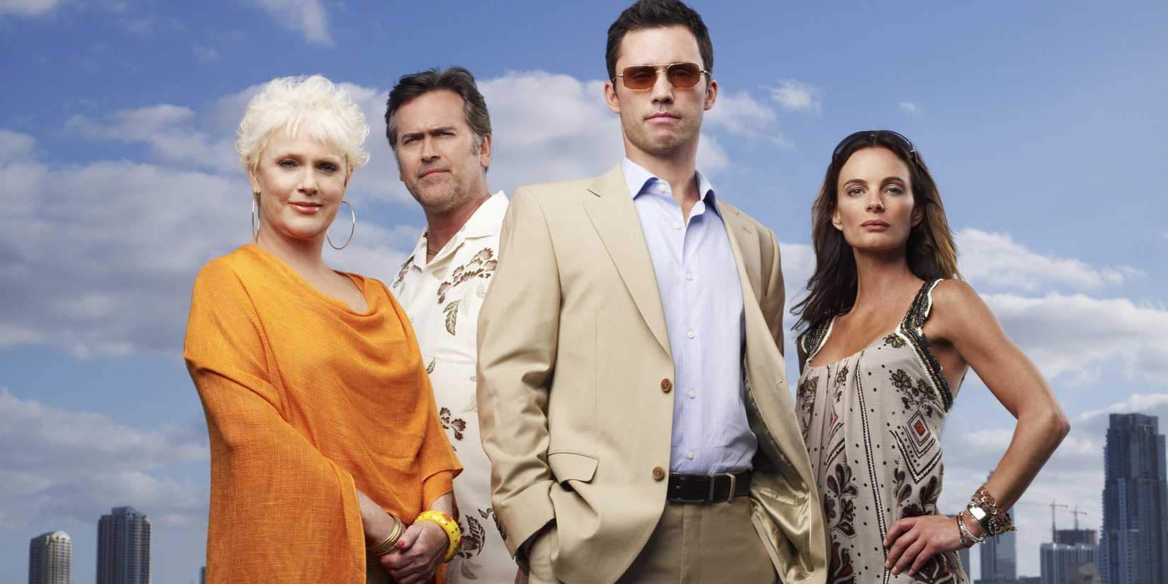 Season 2 promo shot of the Burn Notice cast. From left to right Sharon Gless, Bruce Campbell, Jeffrey Donovan, Gabrielle Anwar