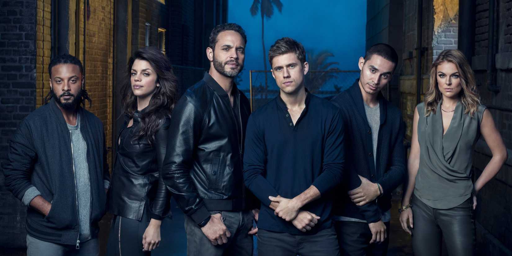 Season 2 promo shot of the Graceland cast. From left to right  Brandon Jay McLaren, Vanessa Ferlito, Daniel Sunjata, Aaron Tveit, Manny Montana, Serinda Swan
