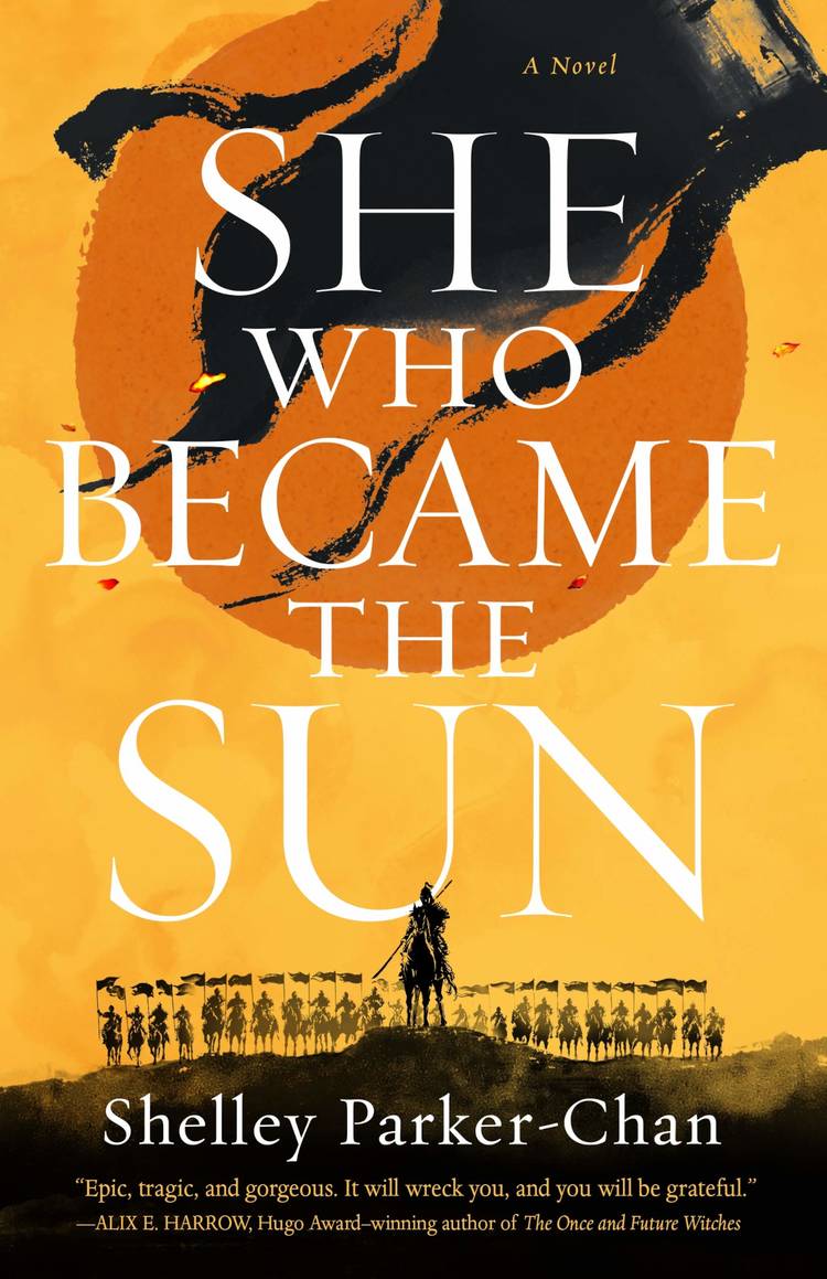 She Who Became The Sun Cover featuring the silhouette of a person, a yellow sky, and orange sun