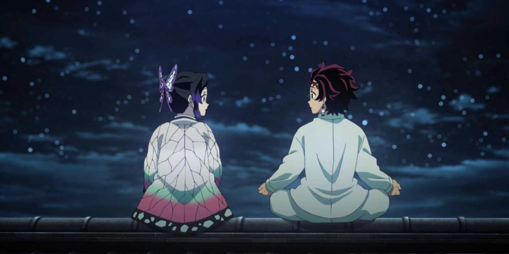 Shinobu and Tanjiro atop the Butterfly Mansion in Demon Slayer season 1