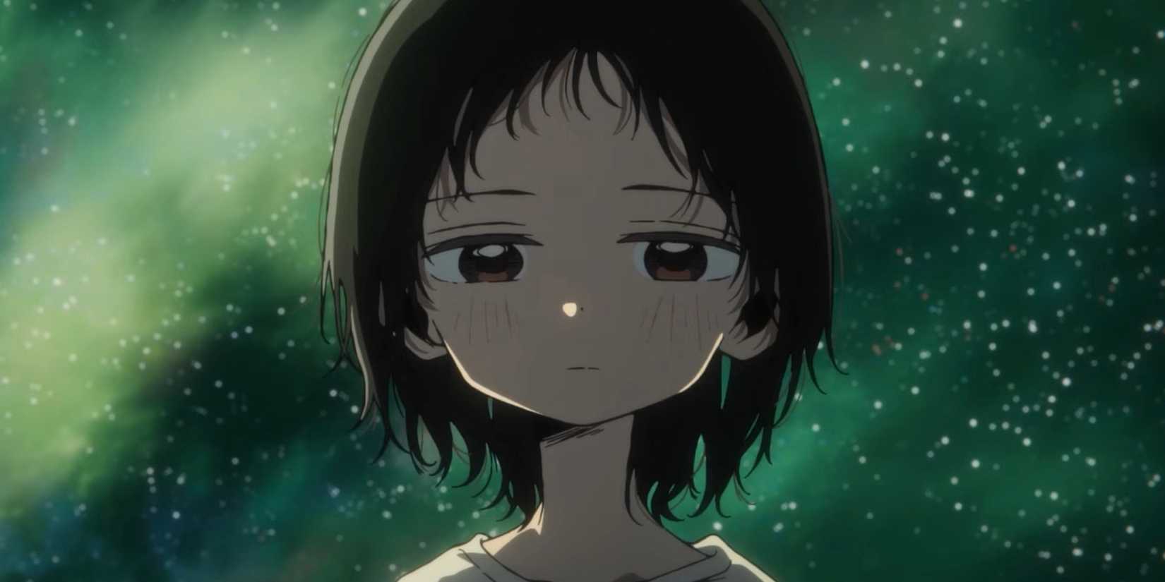 Shizuka against a darkened green sky in Takopi's Original Sin.