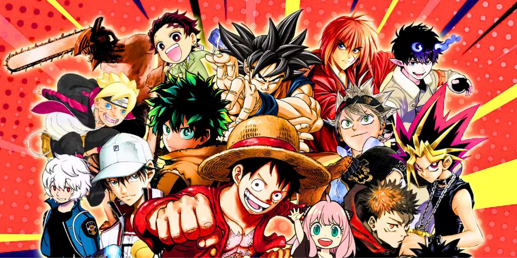 Shonen Jump manga protagonists like Luffy, Goku, Deku, Anya, Yuji, Asta, and more