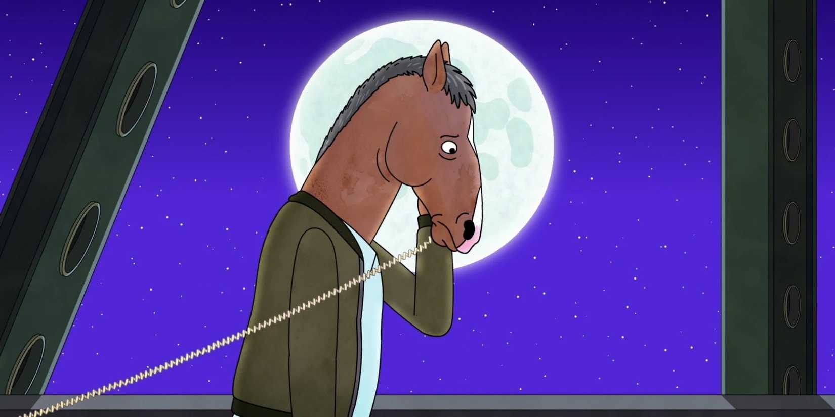 Side profile BoJack Horseman looking down, upset, holding a rotary phone to his ear, against a moonlit backdrop 