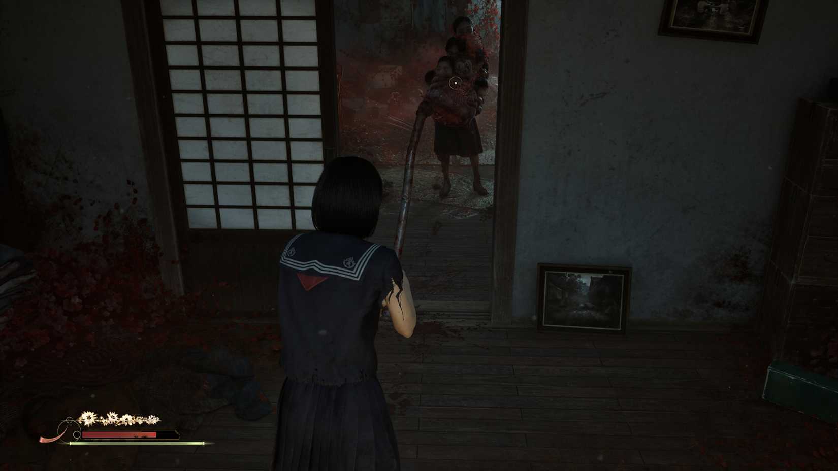 Hinako holding a metal pipe as she faces an enemy in Silent Hill f