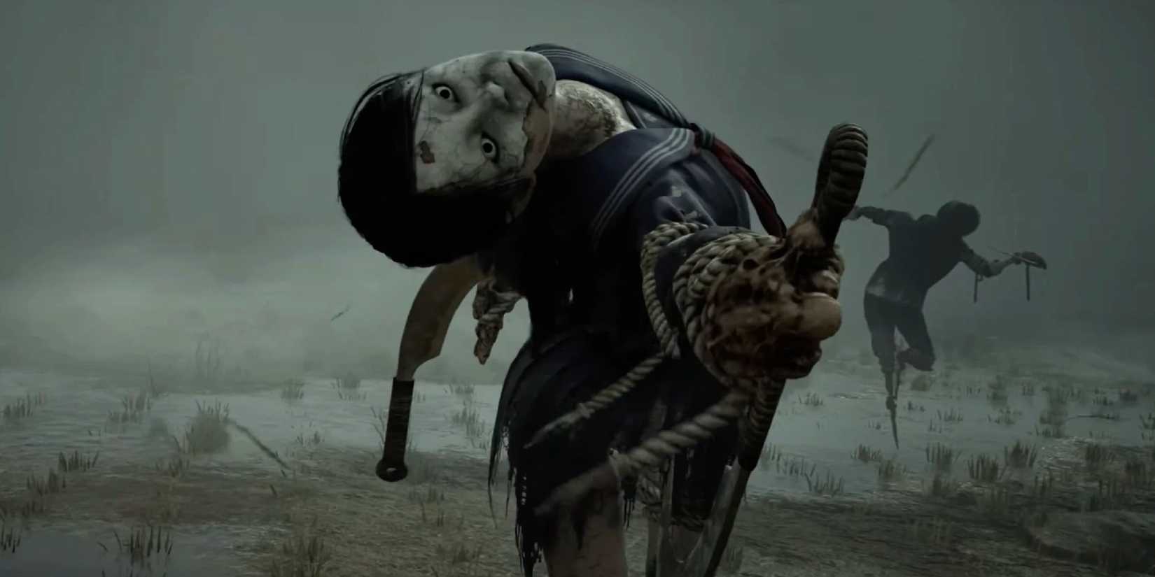 Silent Hill f screenshot of scarecrow enemy in a field of gray fog