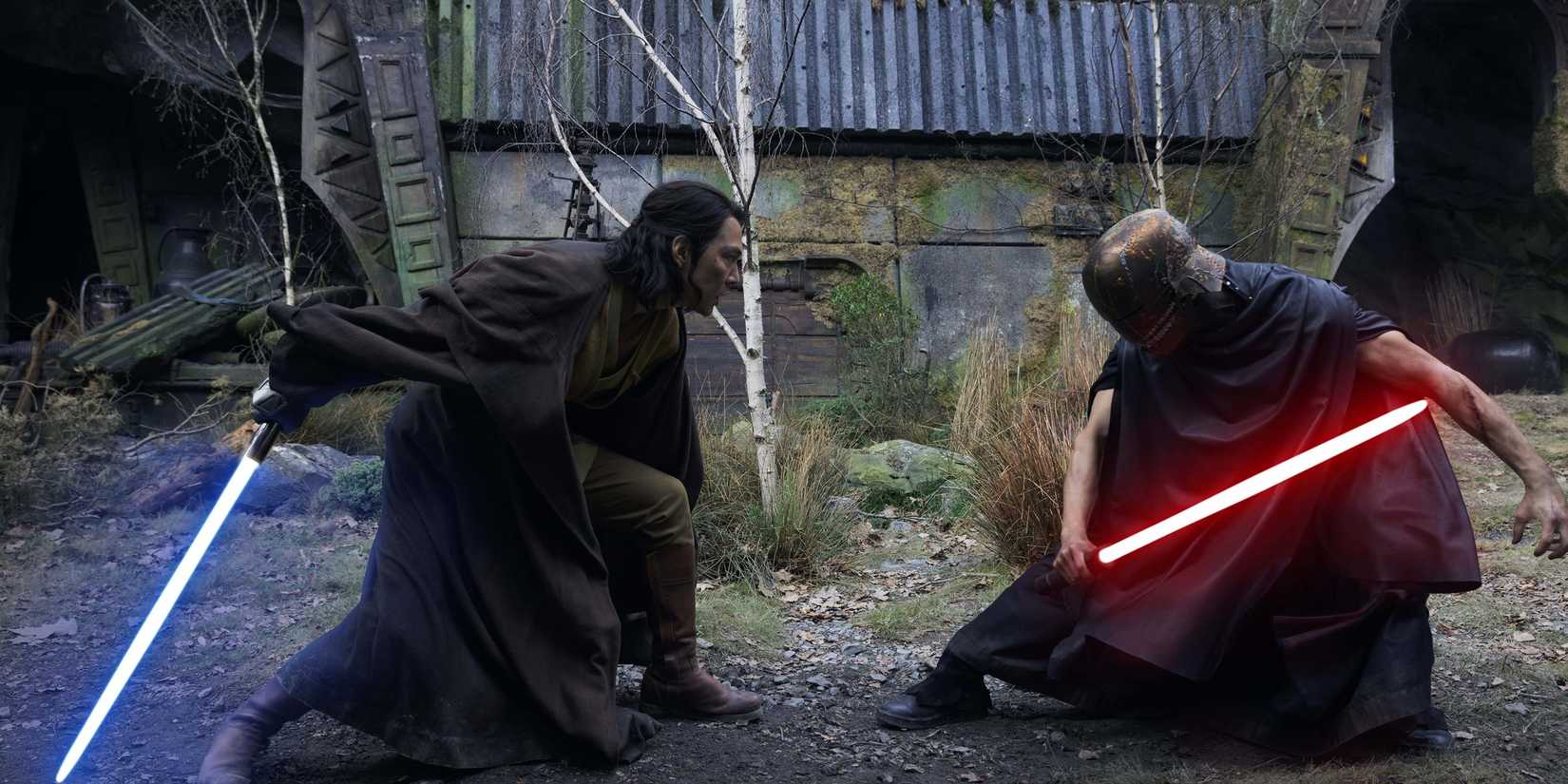 Master Sol and Qimir/the Stranger in The Acolyte with their lightsabers at the ready