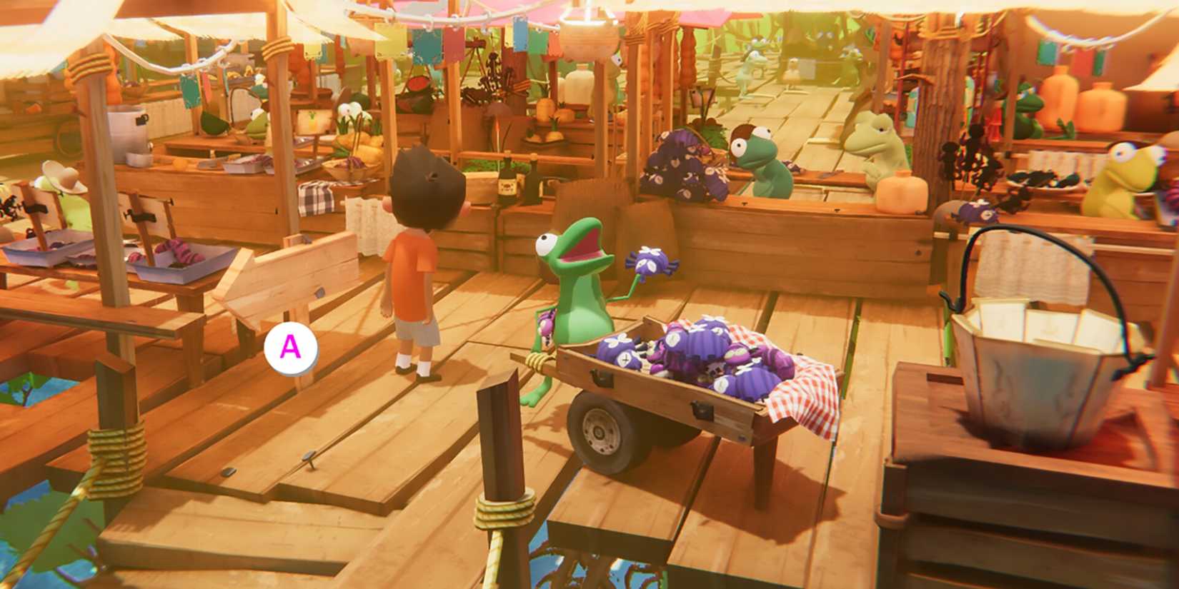 Miho explores an open-air market led by frogs in Sopa: Tale of the Stolen Potato.