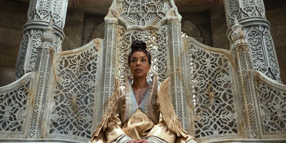 Sophie Okonedo sitting on the Amyrlin Seat in The Wheel of Time