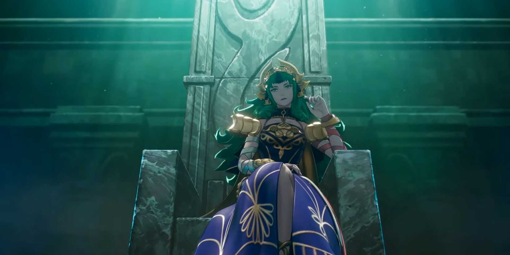 Sothis sitting on her throne in Fire Emblem Fortune's Weave.
