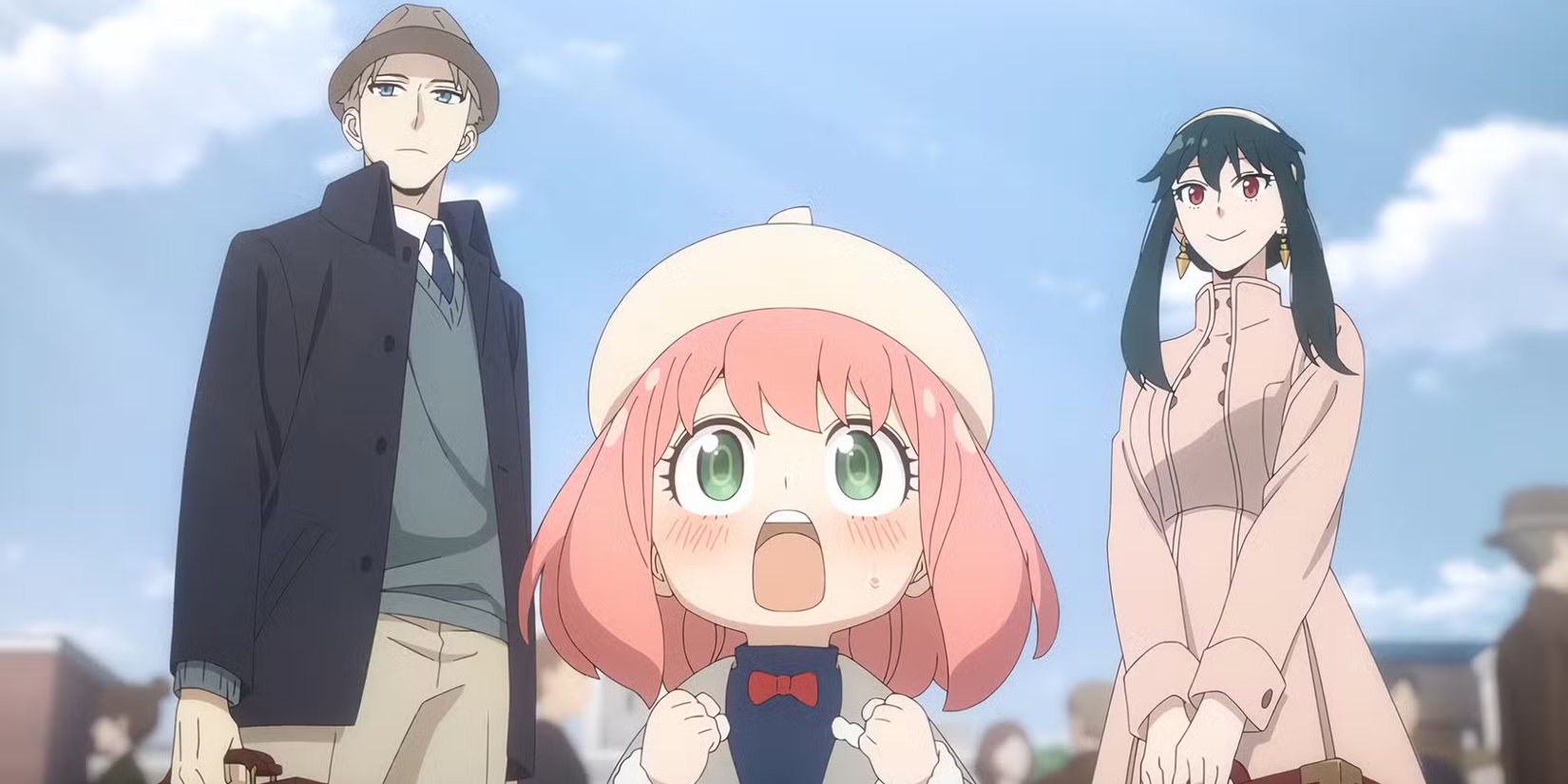 Spy x Family anime featured image - Loid, Yor, and Anya looking forward shocked and happy