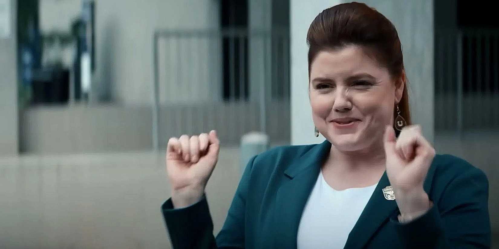 Stacey Ferrara smiling and holding her hands up In Gen V Season 2