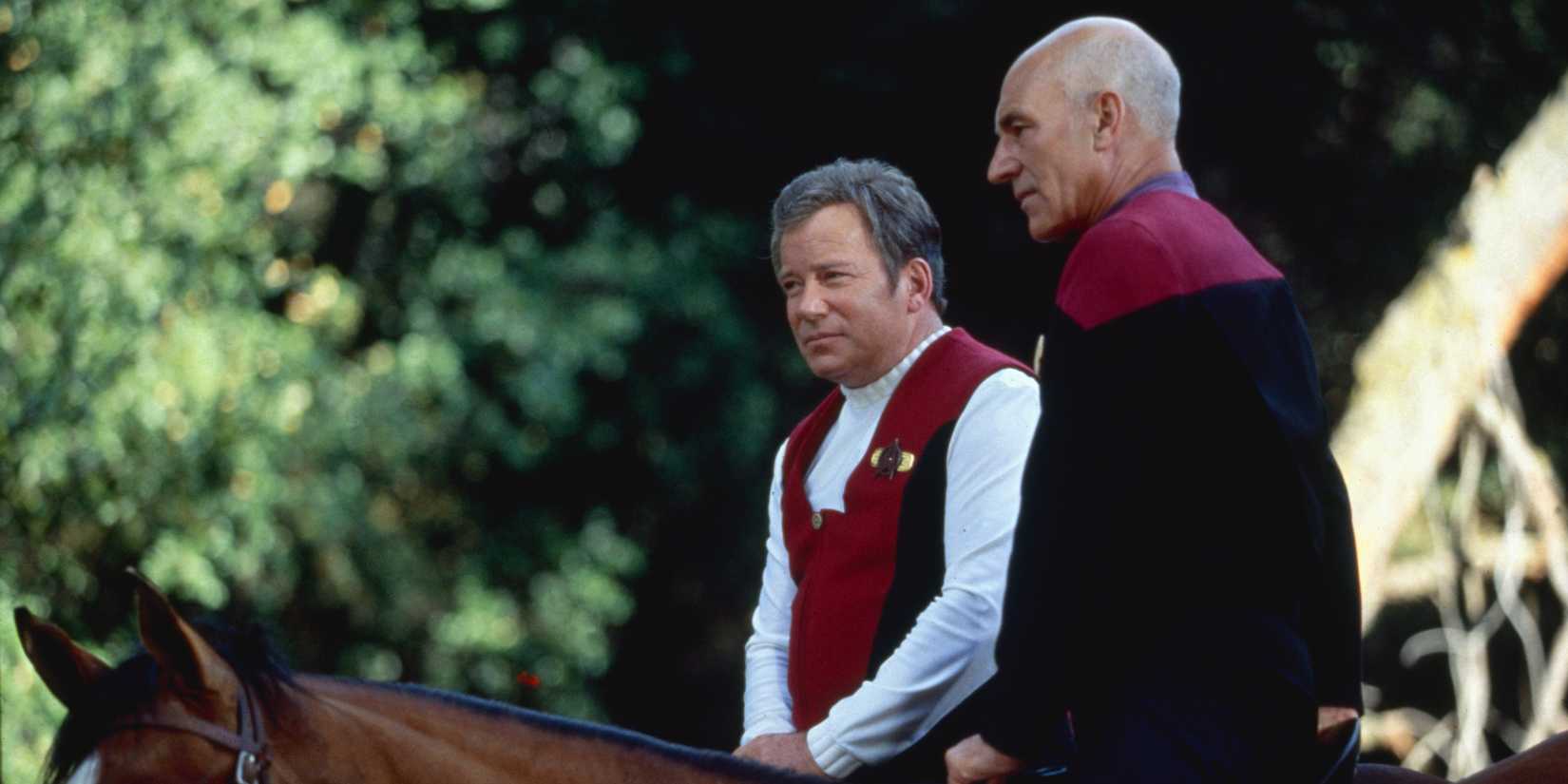 William Shatner as James T. Kirk and Patrick Stewart as Jean-Luc Picard in Star Trek: Generations