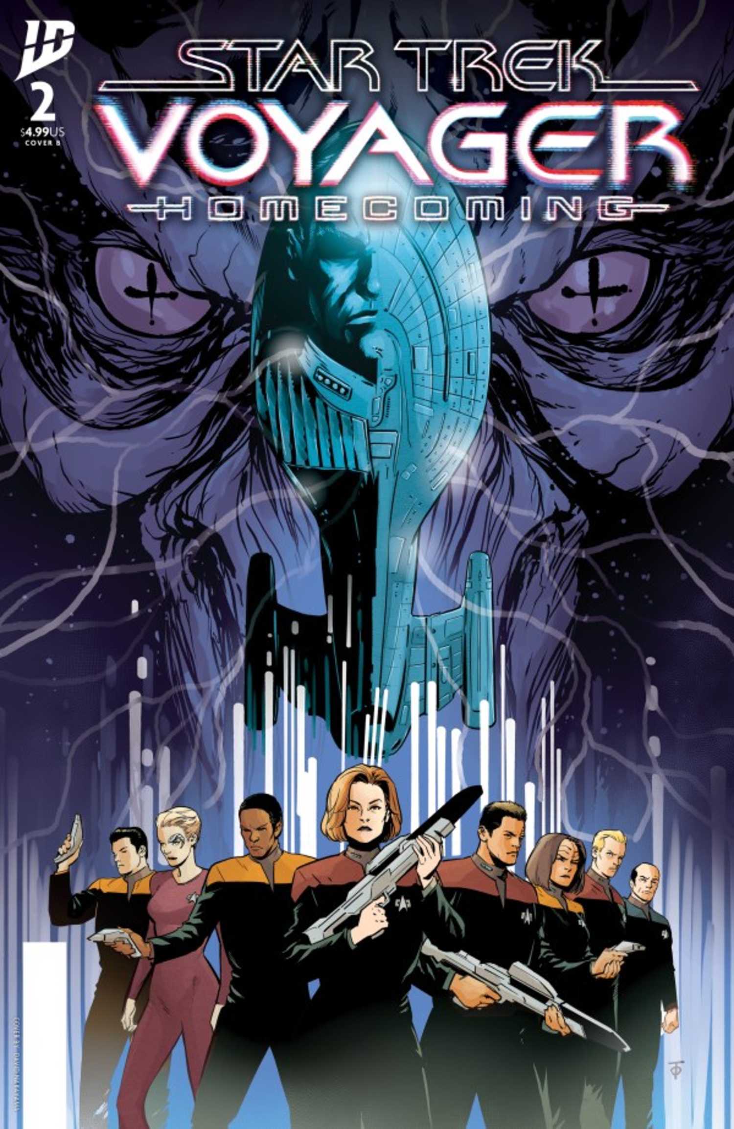 Star Trek Voyager Homecoming #2 cover, the crew of Voyager with Species 8472 looming over them