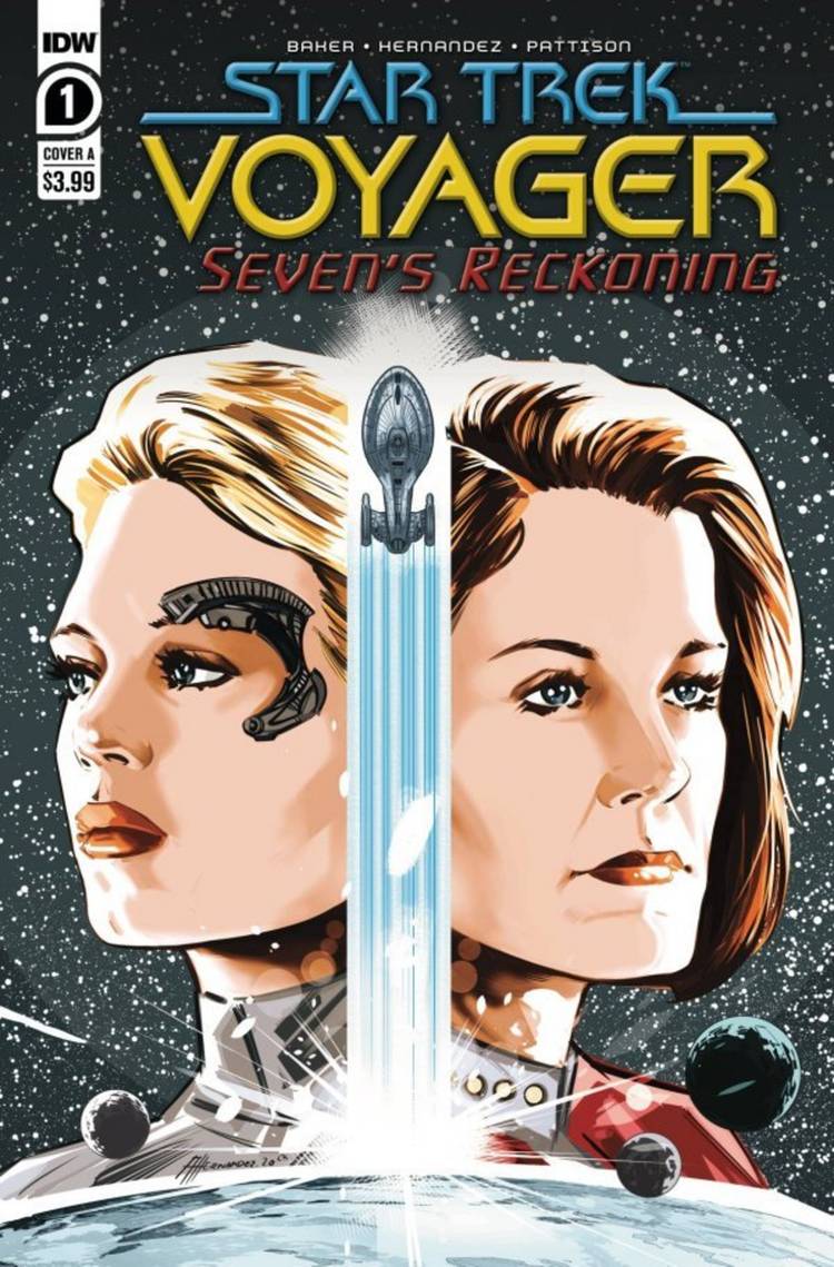 Star Trek Voyager Seven's Reckoning #1 variant cover, Seven and Janeway with Voyager between them