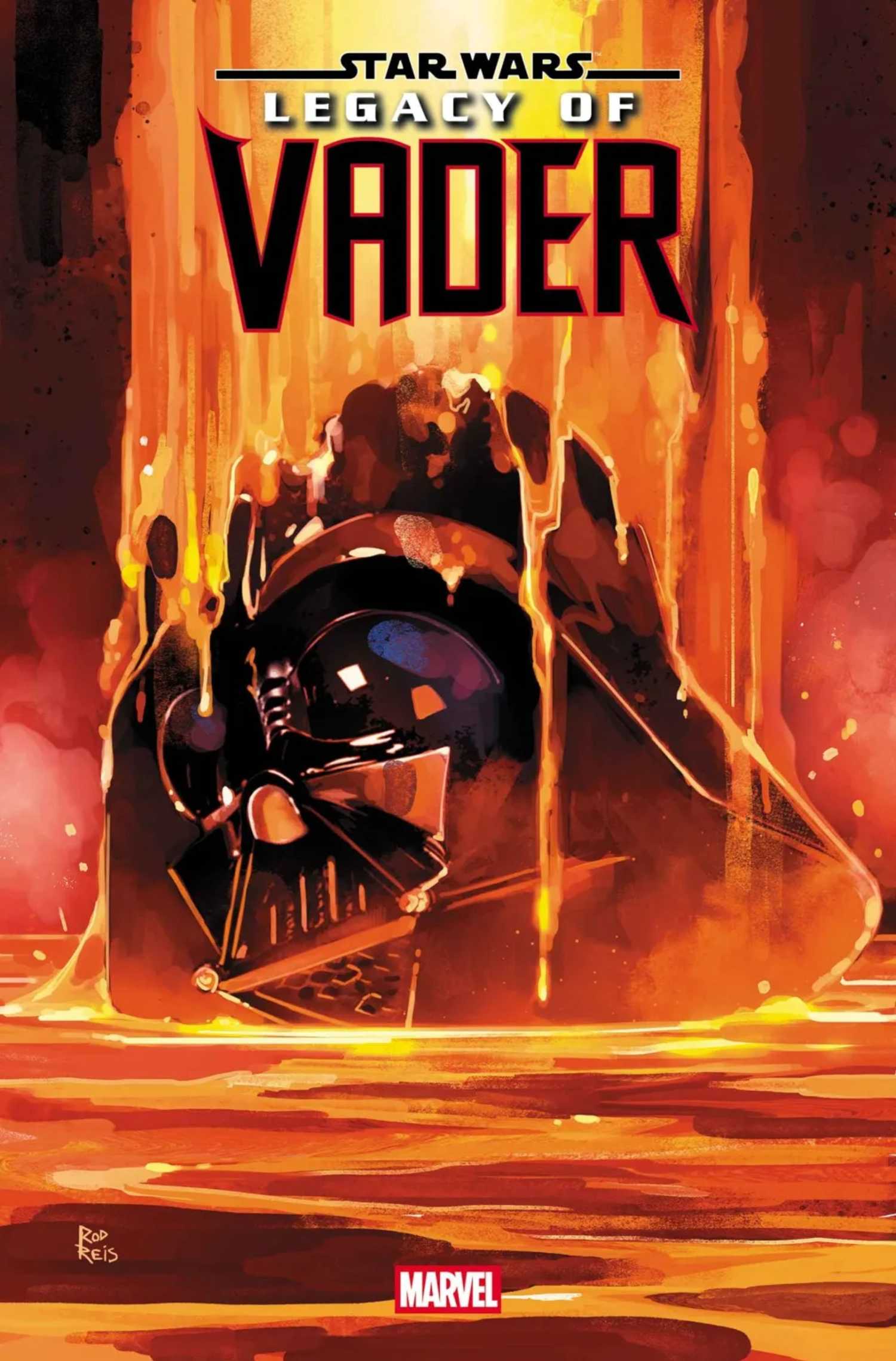 star wars legacy of vader 11 cover, showing darth vader's helmet burning in lava