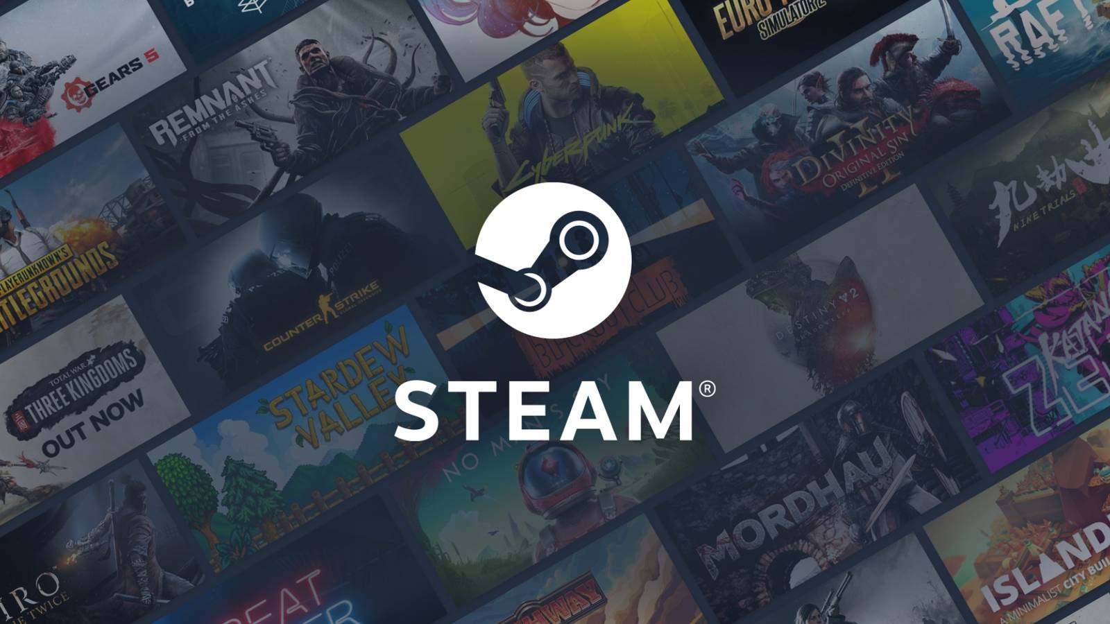 The Steam logo over a catalog of game cards in the background.