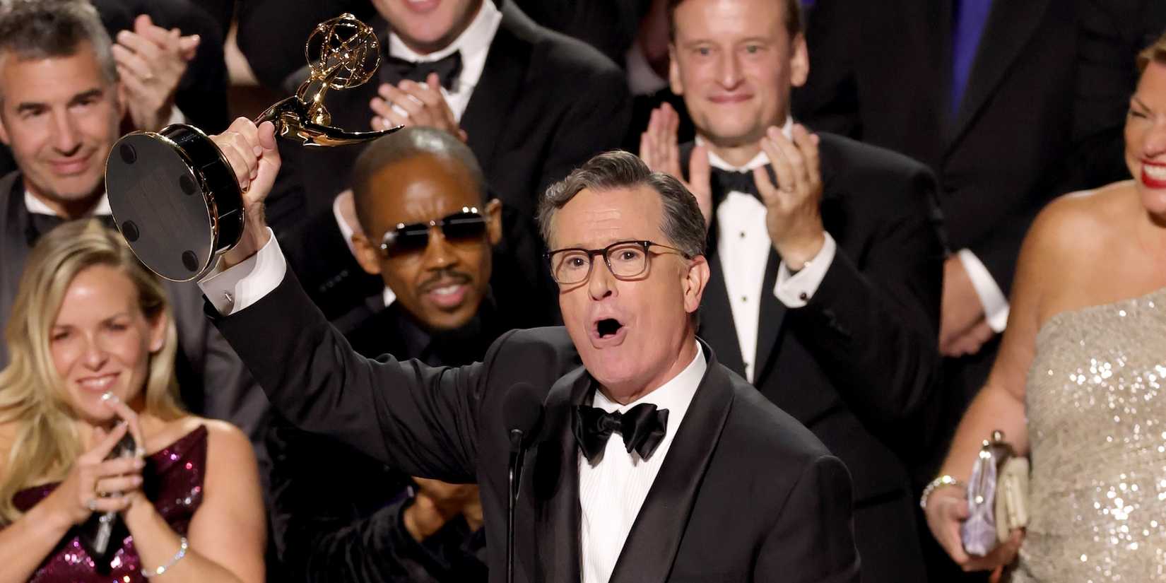 Stephen Colbert accepts the Emmy for best talk show for The Late Show