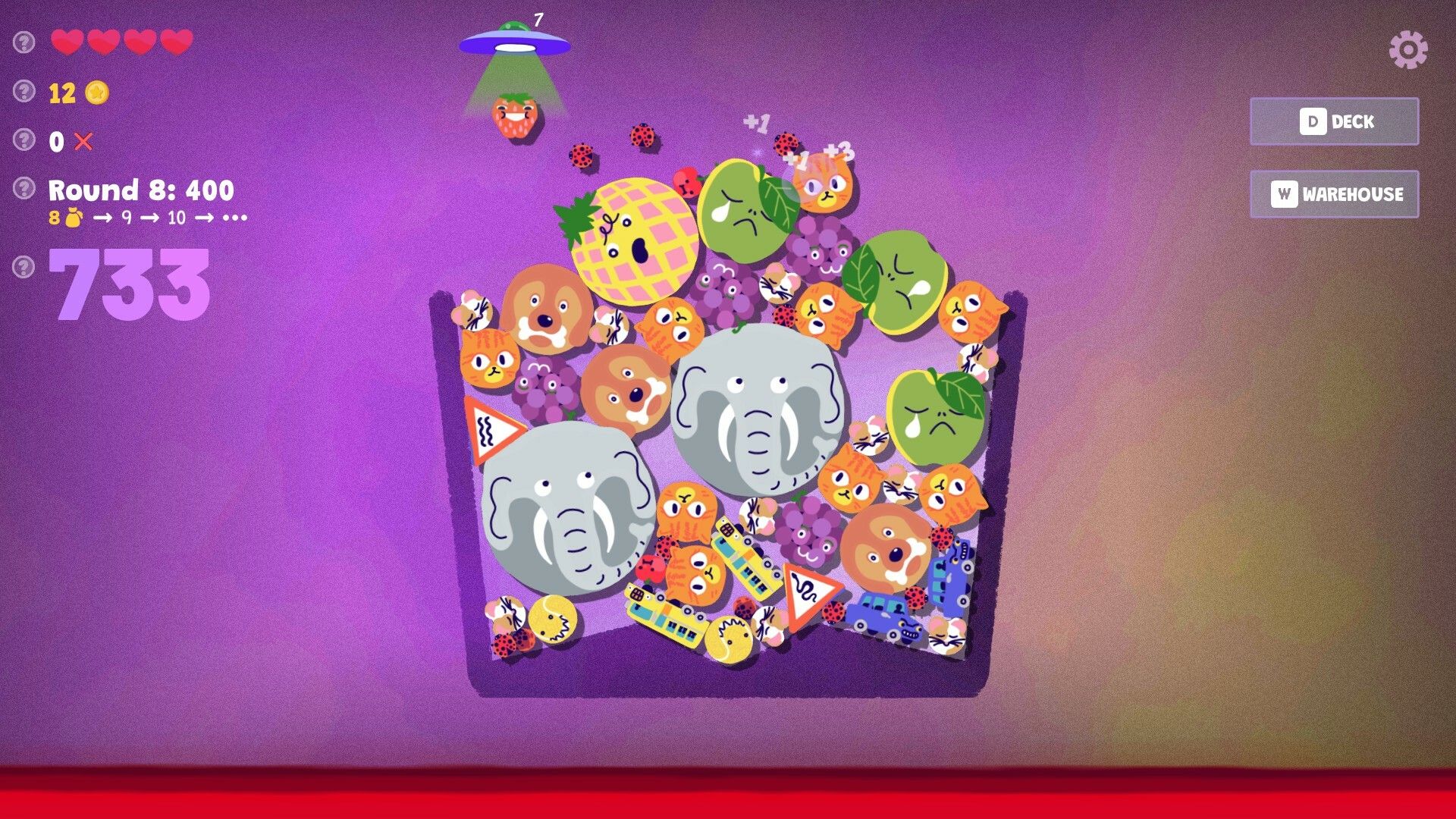 Gameplay di Steve's Warehouse con contenitori pieni di frutta e animali.