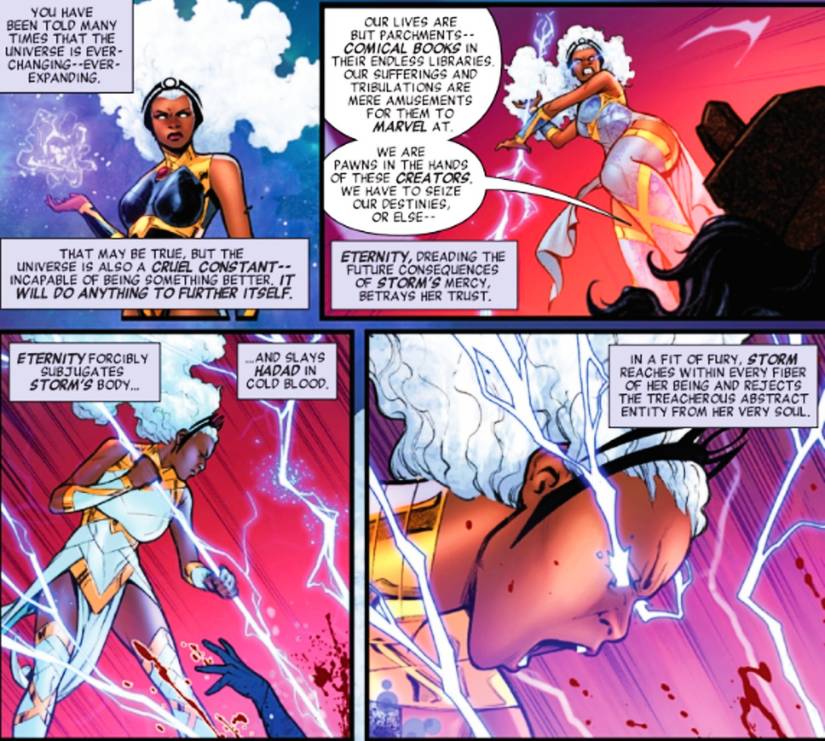 Storm #12, Hadad breaks the fourth wall, forcing storm to kill him