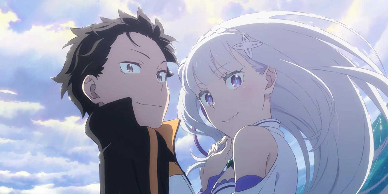 10 Near-Perfect Isekai Anime Masterpieces That Redefined the Genre 8 Subaru and Emilia smiling while looking over the shoulders in Re:Zero.