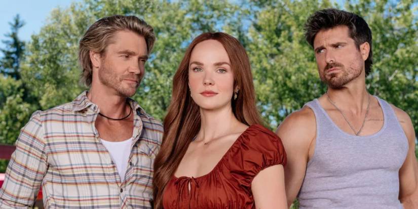 Sullivan's Crossing's Cal Jones, Maggie Sullivan, and Liam Davies posing in front of the woods.