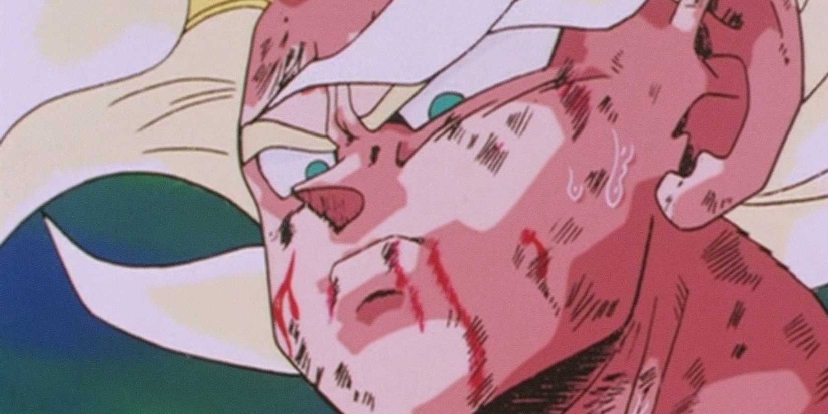 Super Saiyan Goku frowning after finishing off Frieza on Planet Namek in Dragon Ball Z.