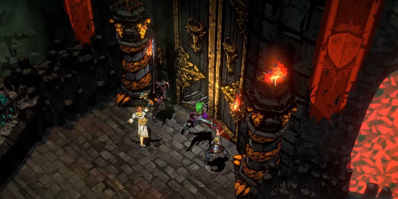 The players of four characters are preparing to go through a door under swarming.