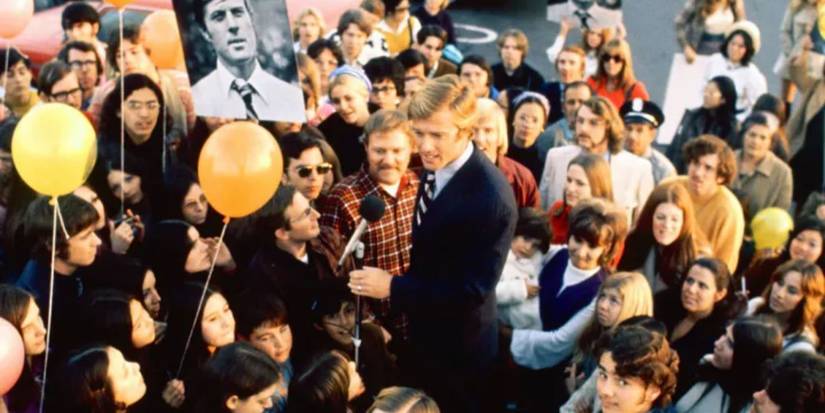 Robert Redford stands in a crowd of supporters in The Candidate