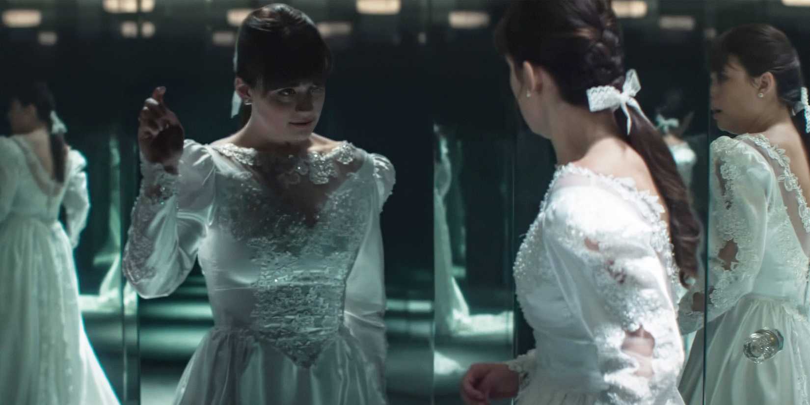 Judy Warren in a room full of mirrors in her wedding dress in The Conjuring: Last Rites.