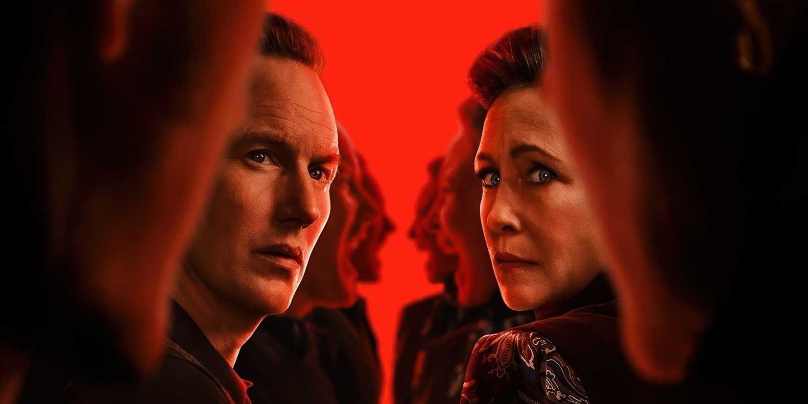 Patrick Wilson and Vera Farmiga as Ed and Lorraine Warren looking tense on The Conjuring: Last Rites poster