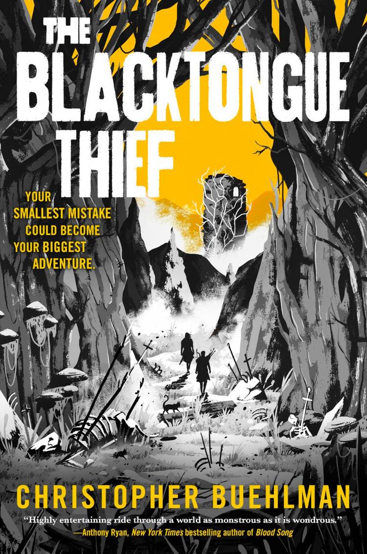 The Cover Of The Blacktongue Thief picturing people walking with a yellow sky and white title text