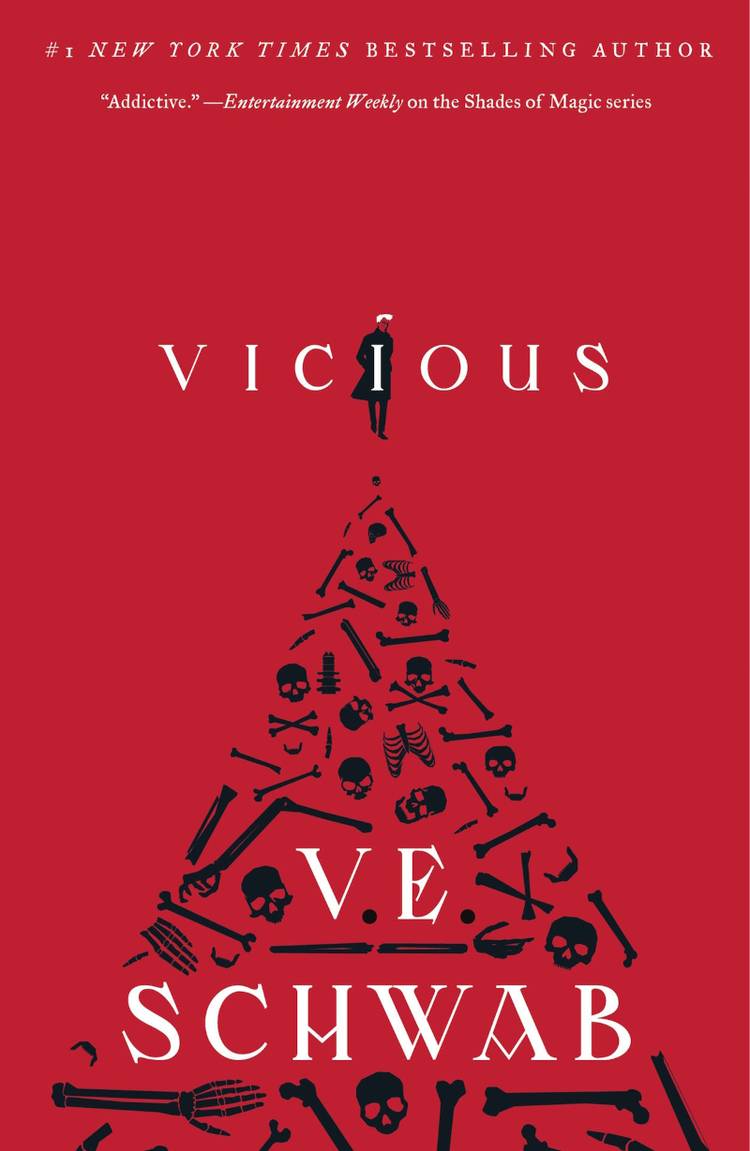 The Cover Of Vicious By VE Schwab featuring a red background and pile of bones