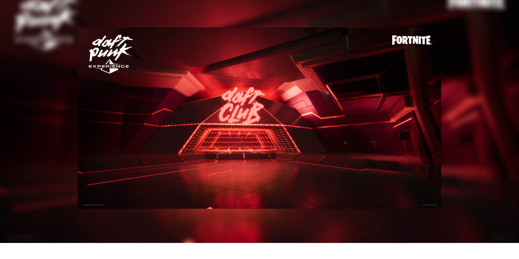 This photo displays a red, detailed background with a sign that says Daft Club in the middle of what appears to be a building. Daft Punk Experience is written on the top left while Fortnite is written in the top right.