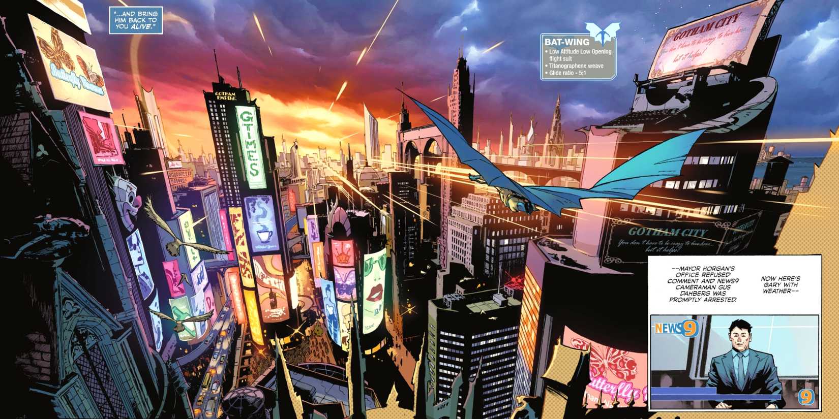The Dark Knight glides over Gotham City square in Batman #1