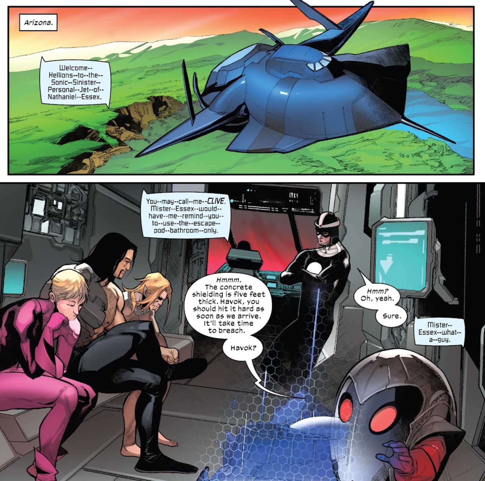 the hellions fly in mister sinister's personal jet, in x-men spin off comic