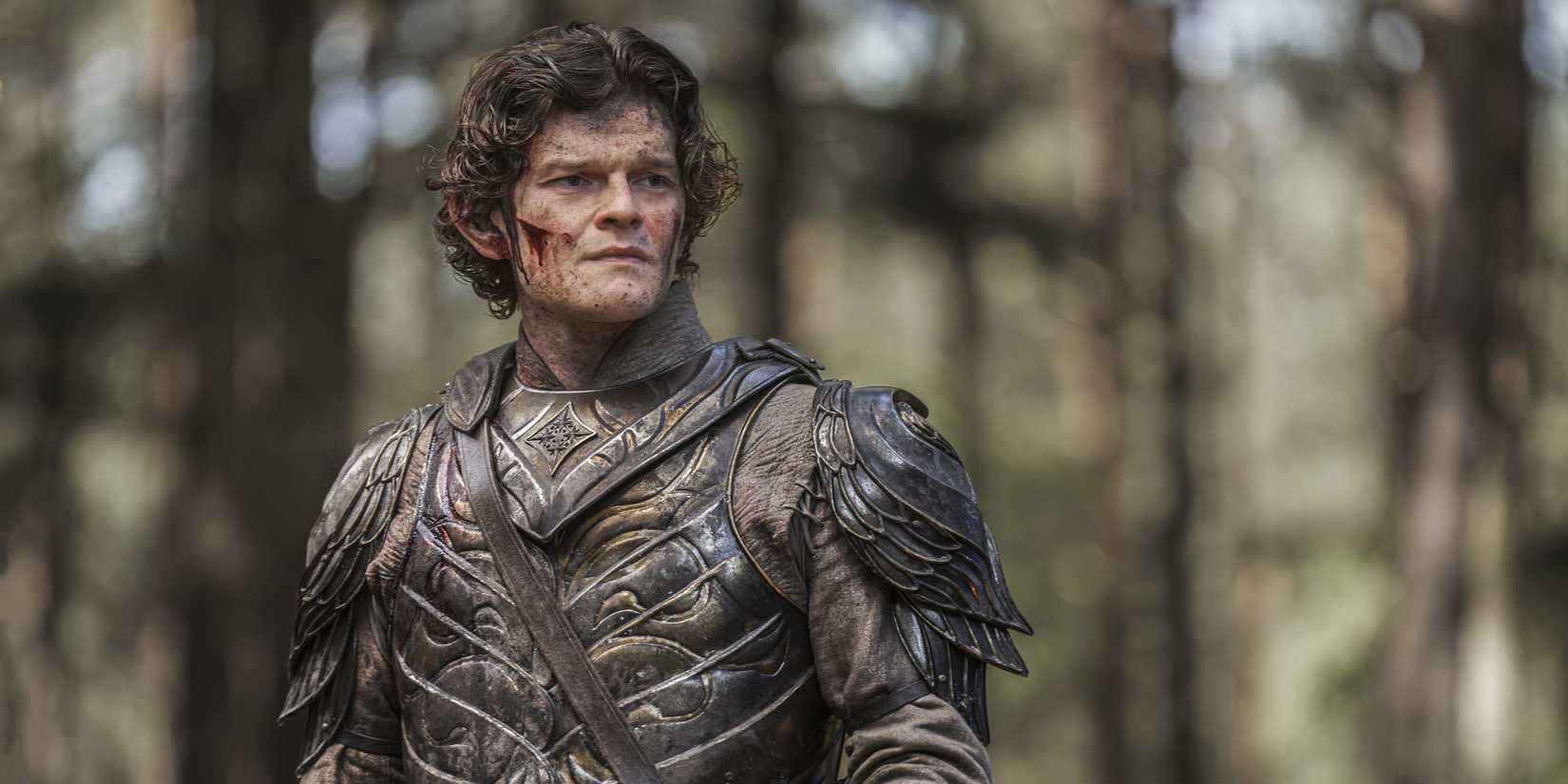 Elrond (Robert Aramayo) wearing armor and with a bloodied face in Rings of Power season 2
