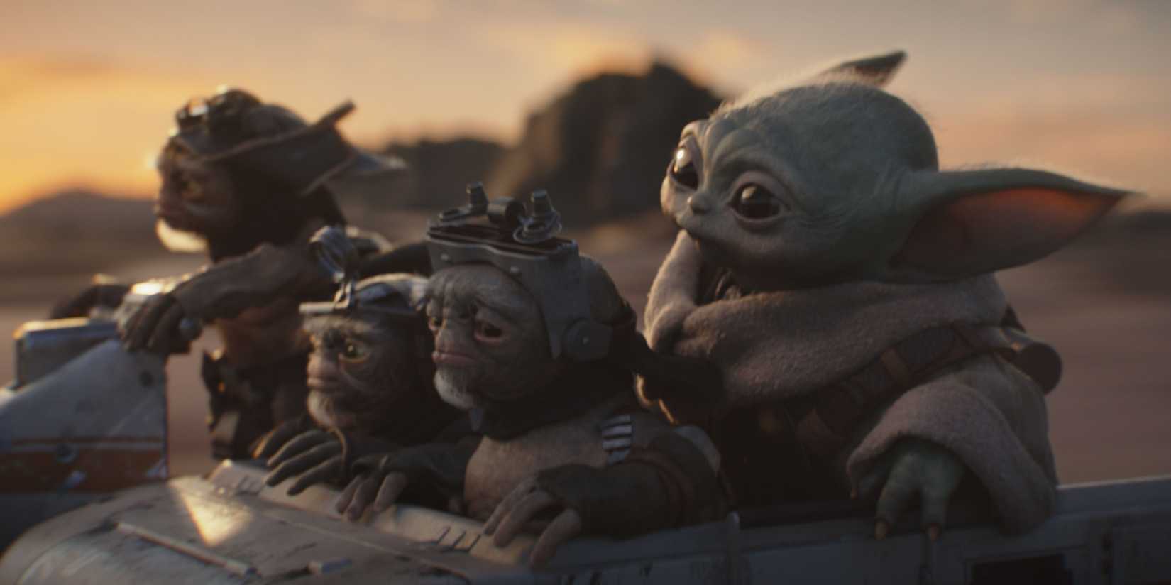 Babu Frick family and Grogu riding in a speeder in The Mandalorian and Grogu