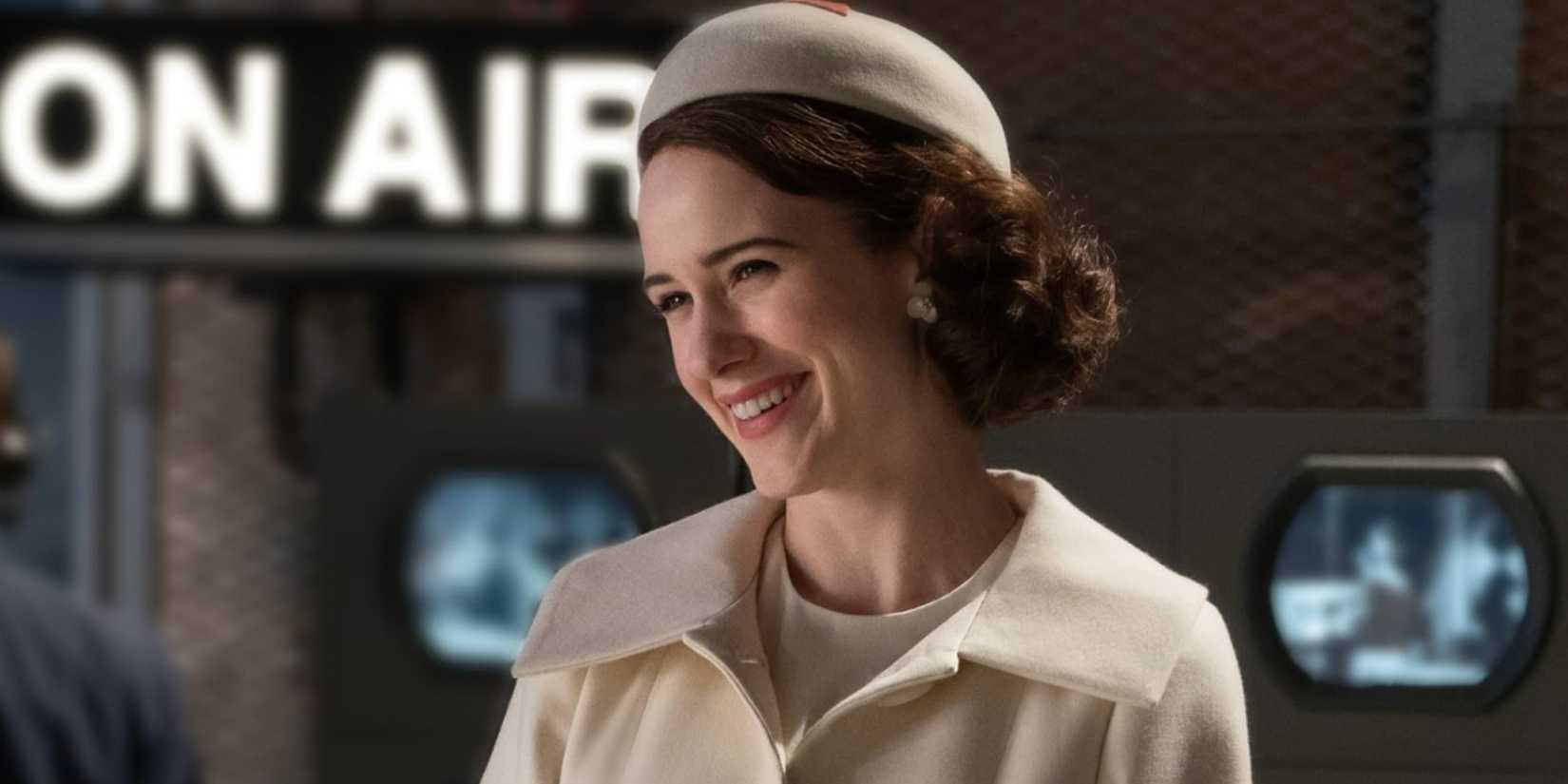 Midge Maisel (Rachel Brosnahan) smiling on The Marvelous Mrs. Maisel