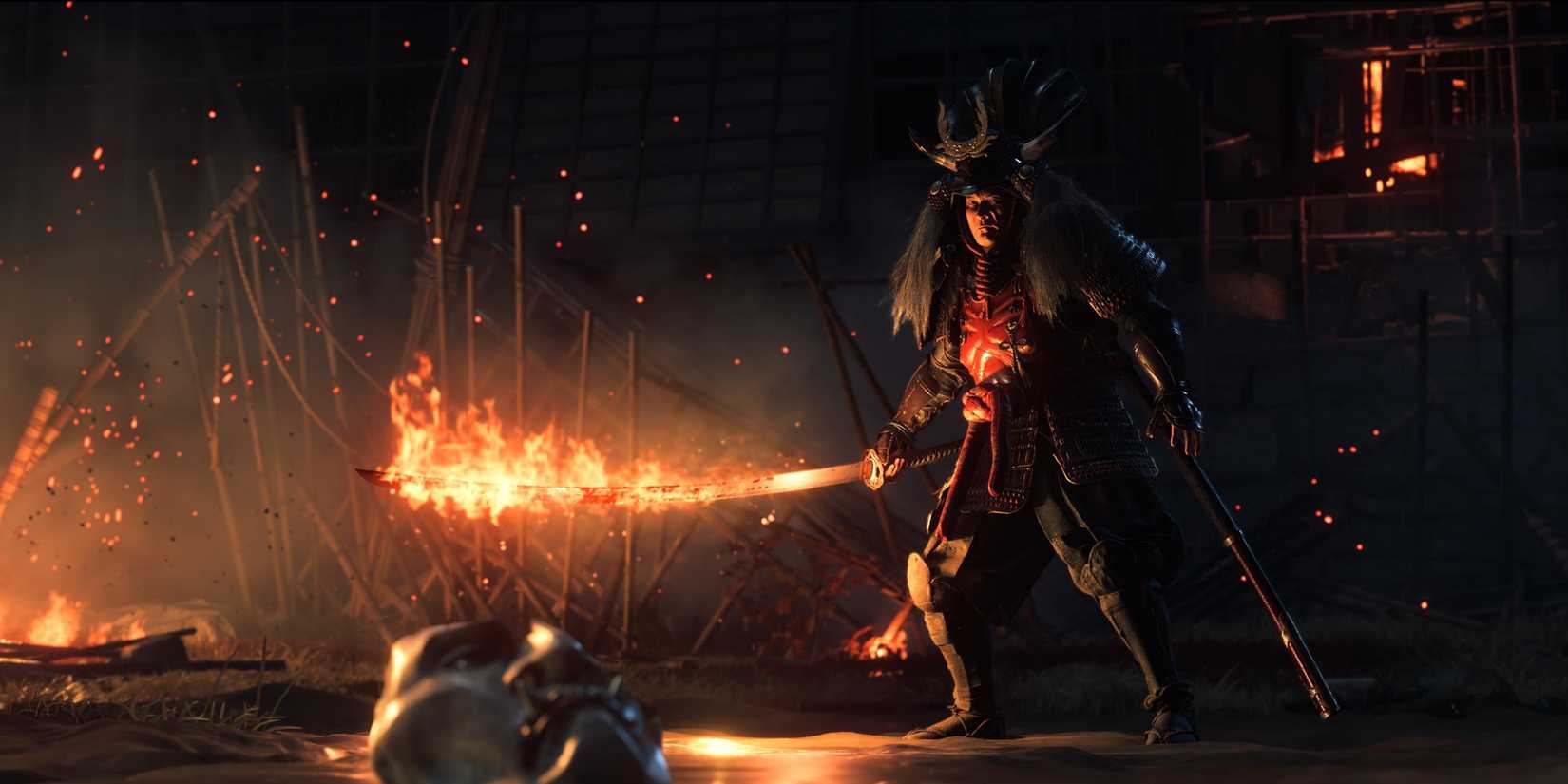 The Oni with a flaming sword and his mask on the ground in front of him in Ghost of Yotei