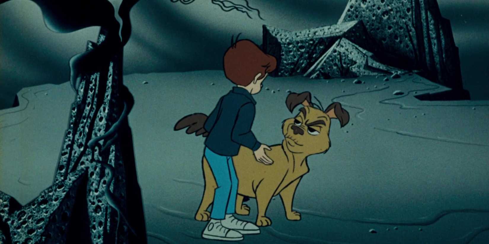 Milo talks to a dog in a spooky field in The Phantom Tollbooth