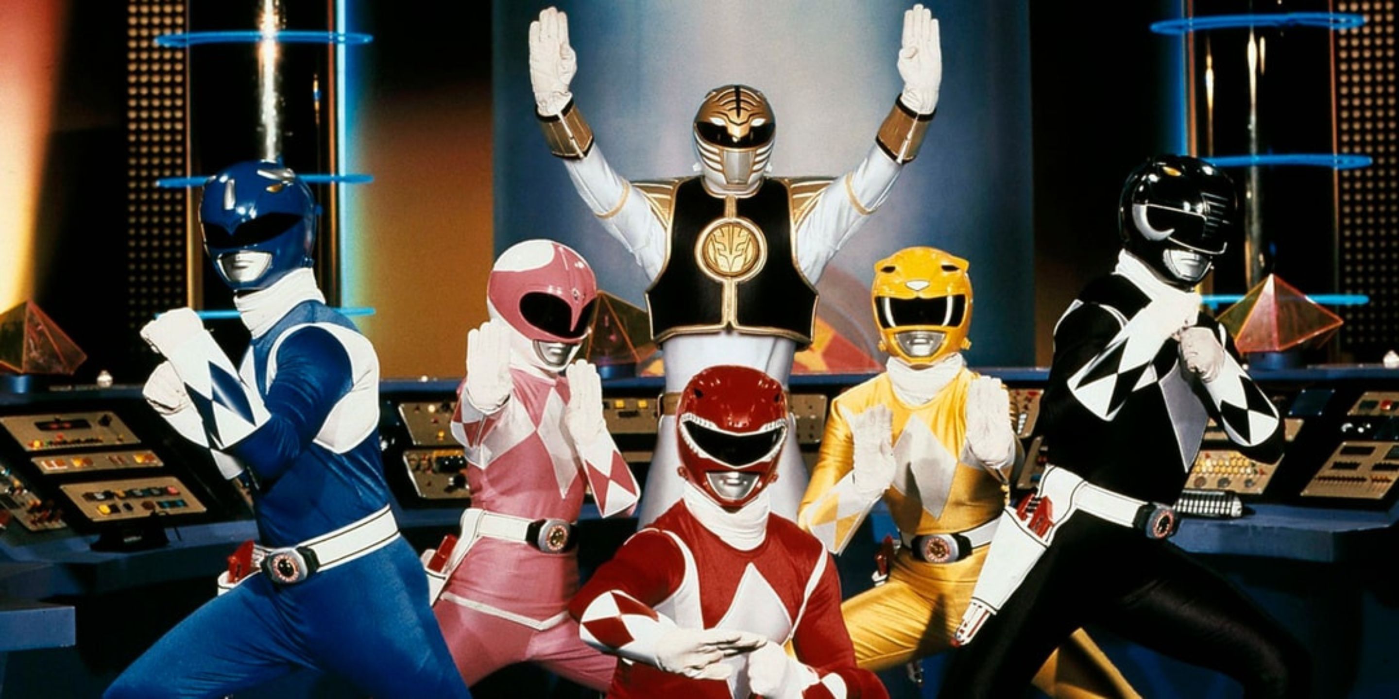 The Rangers posing in Mighty Morphin Power Rangers