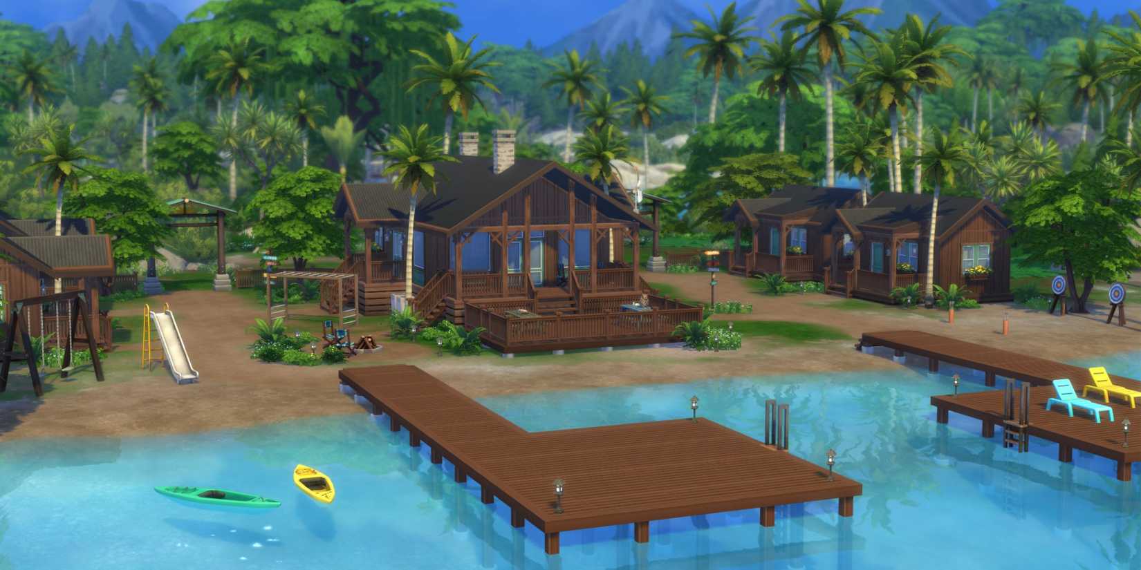 The Sims 4 Adventure Awaits image of cottages on a lake