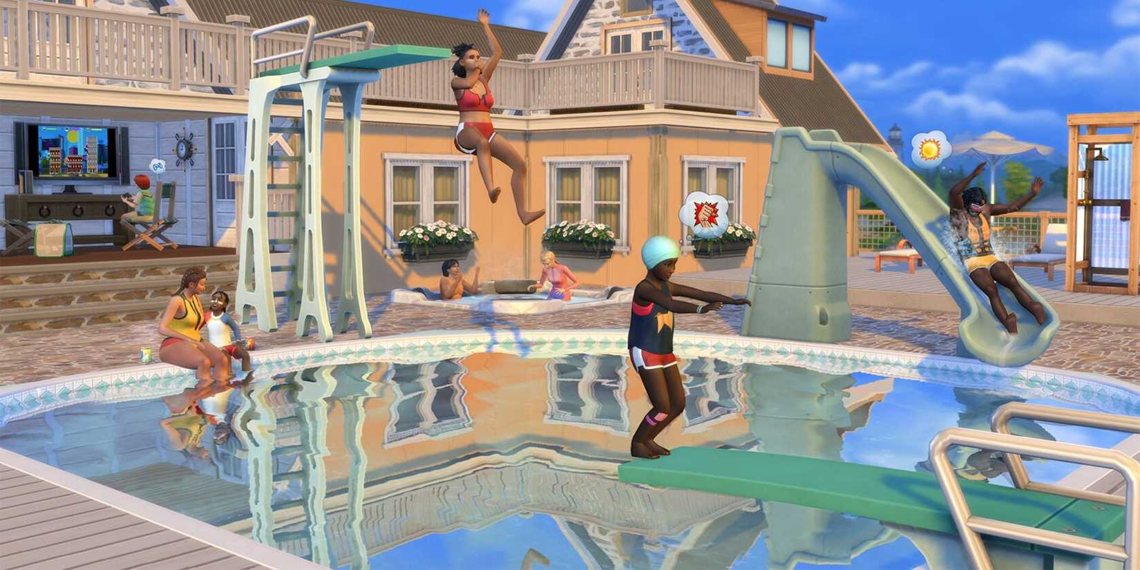 The Sims 4 Adventure Awaits swimming pool area with several sims playing in the pool