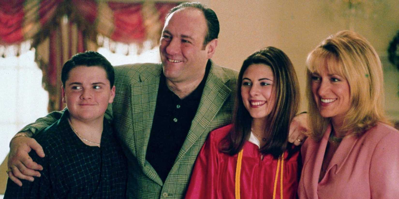 The Sopranos family smiling in The Sopranos
