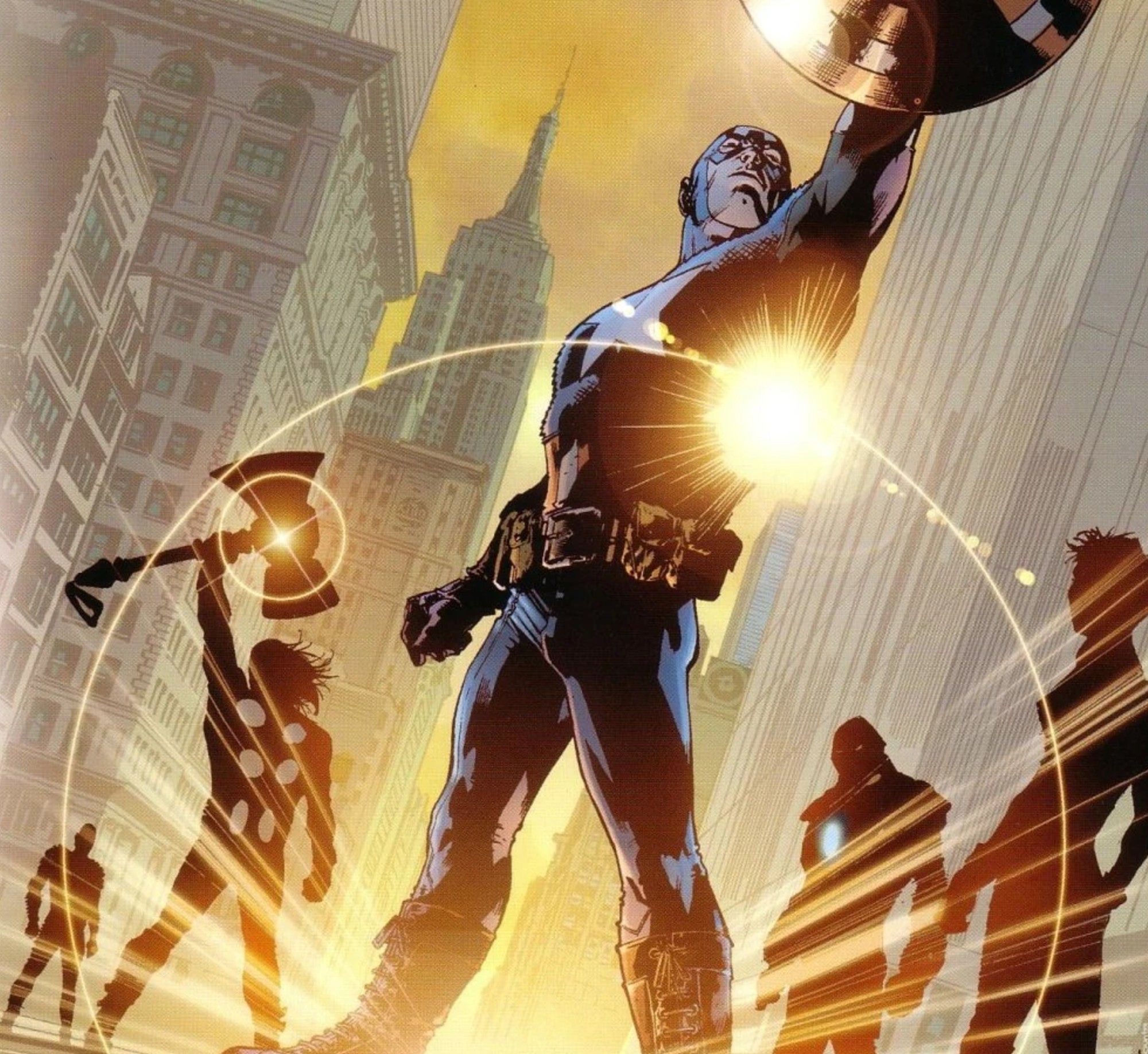 the ultimates volume 1 cover art showing captain america raising his shield